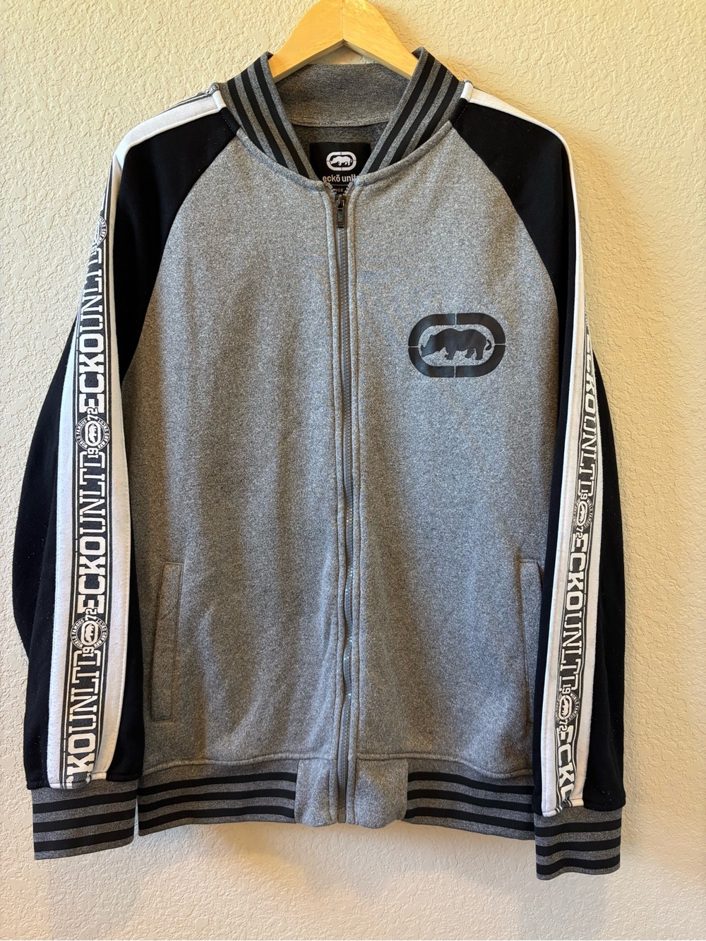 Ecko Unlimited Grey and Black Bomber Jacket with Logo Tape Sleeves Large
